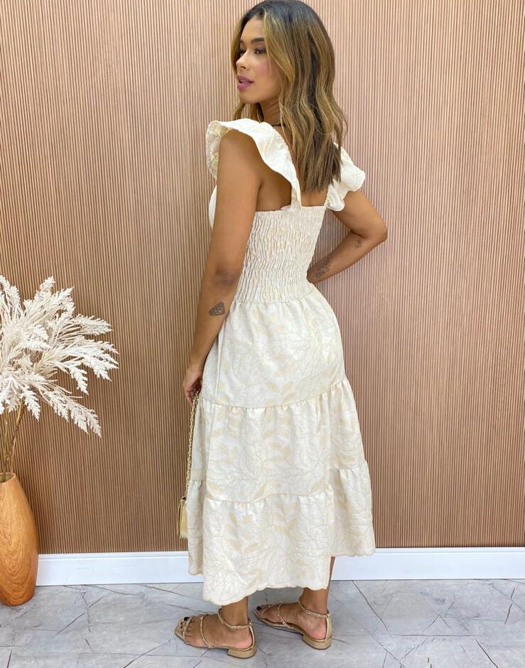 Vestido Midi com Bojo Mariah Tricoline Bordado Cru - Fernanda Ramos Store