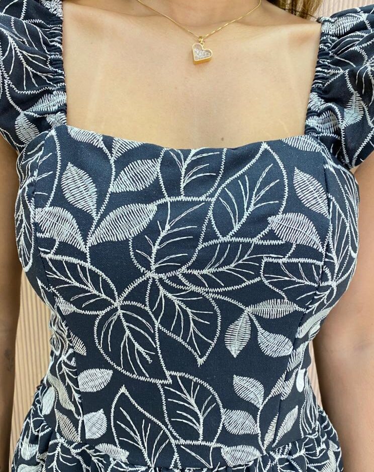 Vestido Midi com Bojo Mariah Tricoline Bordado Preto - Fernanda Ramos Store