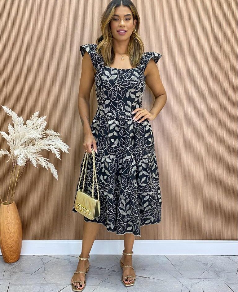 Vestido Midi com Bojo Mariah Tricoline Bordado Preto - Fernanda Ramos Store