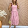 Vestido Midi com Bojo Mariah Tricoline Bordado Rose Fernanda Ramos Store