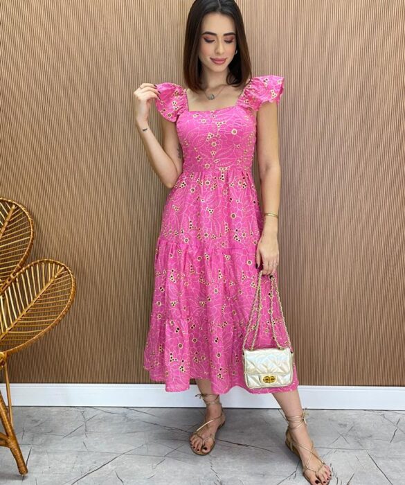 Vestido Midi Feminino sem Bojo Luana Bordado Rosa - Fernanda Ramos Store