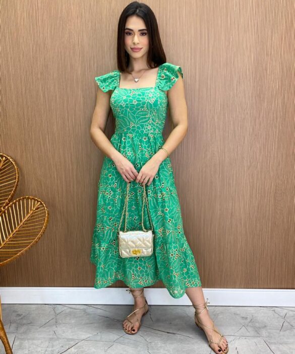 Vestido Midi Feminino sem Bojo Luana Bordado Verde - Fernanda Ramos Store