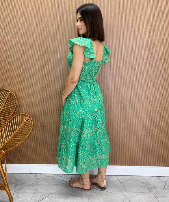 Vestido Midi Feminino sem Bojo Luana Bordado Verde - Fernanda Ramos Store