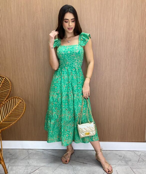 Vestido Midi Feminino sem Bojo Luana Bordado Verde - Fernanda Ramos Store