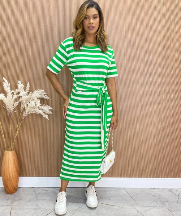 Vestido Midi sem Bojo com Amarração de Malha Listrado Verde Fernanda Ramos Store