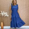 Vestido Midi sem Bojo Laisa com Babado Sarja Azul Fernanda Ramos Store