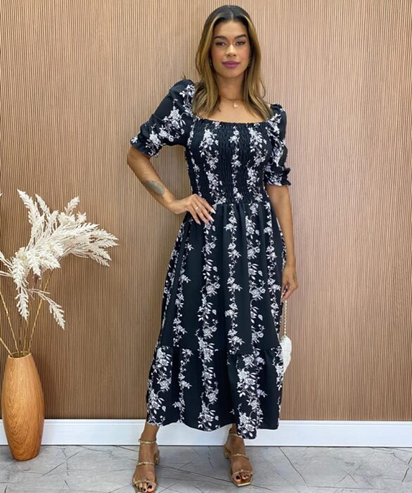 fernandaramosstore com br Vestido Midi sem Bojo Laura com Lastex Estampa Floral Preto 1