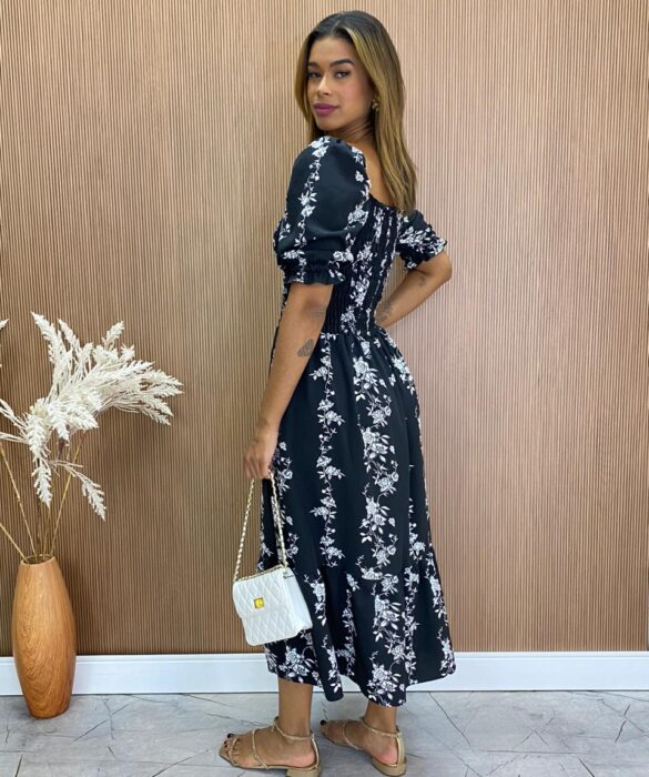 fernandaramosstore com br Vestido Midi sem Bojo Laura com Lastex Estampa Floral Preto 2