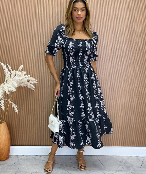 Vestido Midi sem Bojo Laura com Lastex Estampa Floral Preto Fernanda Ramos Store