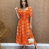 Vestido Midi sem Bojo Laura com Lastex Estampado Laranja - Fernanda Ramos Store