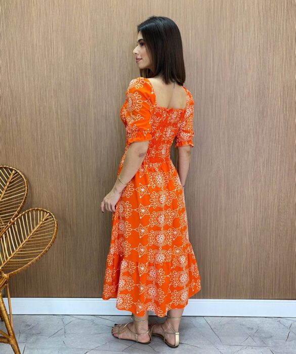 Vestido Midi sem Bojo Laura com Lastex Estampado Laranja - Fernanda Ramos Store