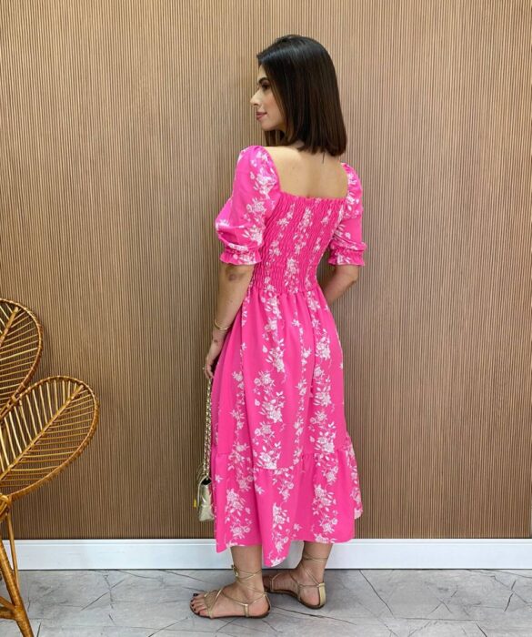 Vestido Midi sem Bojo Laura com Lastex Estampado Pink - Fernanda Ramos Store