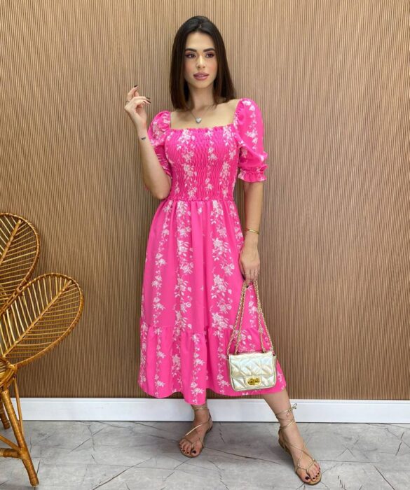 Vestido Midi sem Bojo Laura com Lastex Estampado Pink - Fernanda Ramos Store