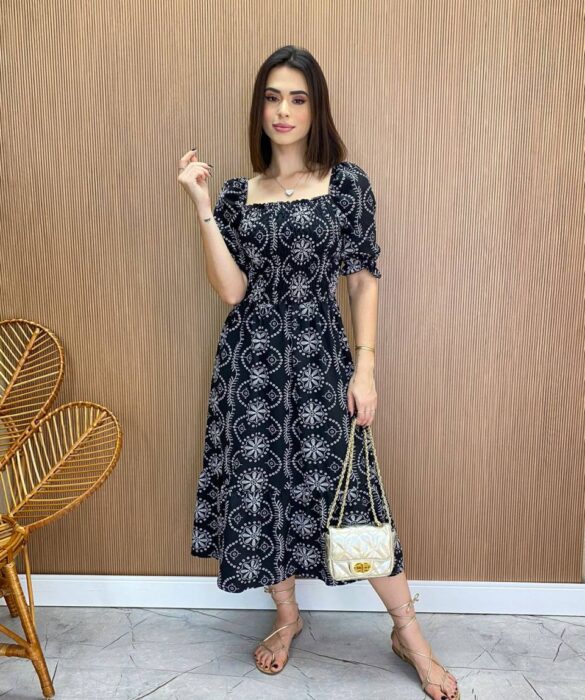 Vestido Midi sem Bojo Laura com Lastex Estampado Preto - Fernanda Ramos Store