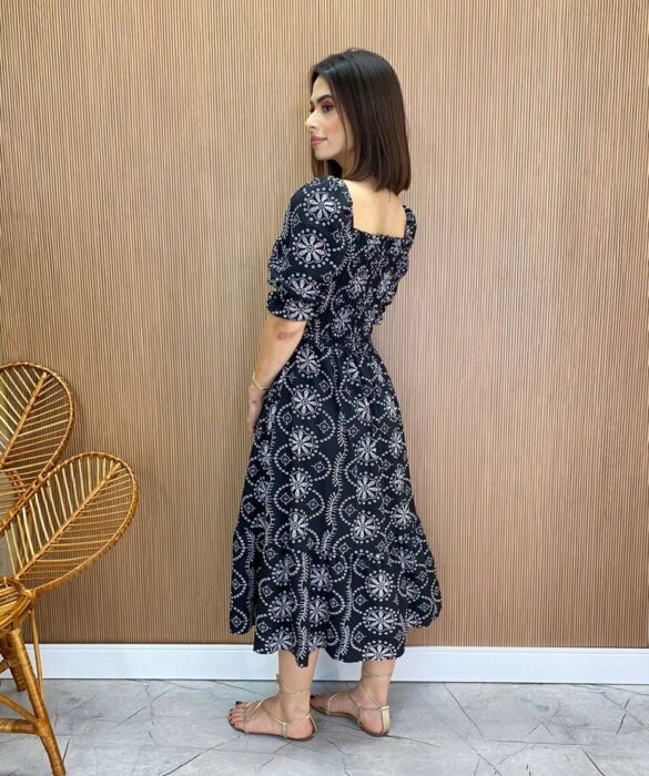 Vestido Midi sem Bojo Laura com Lastex Estampado Preto - Fernanda Ramos Store