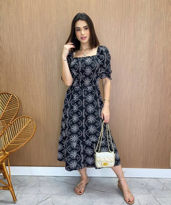 Vestido Midi sem Bojo Laura com Lastex Estampado Preto - Fernanda Ramos Store