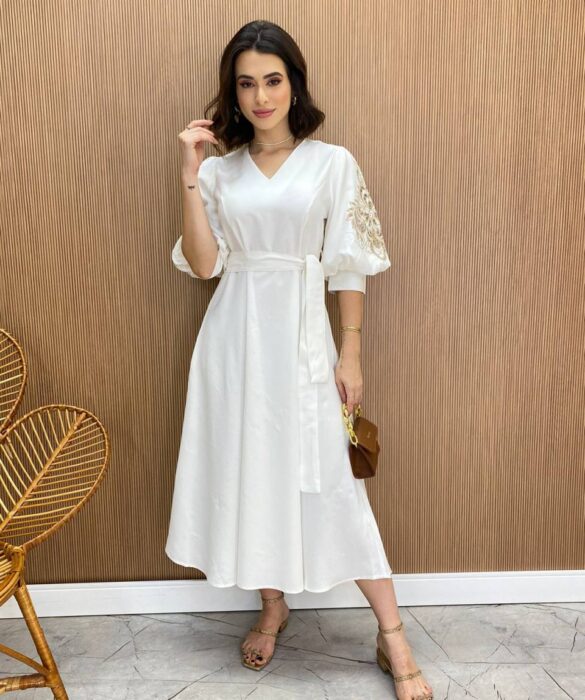 Vestido Midi sem Bojo Mangas 3/4 com Detalhe Vazado Branco - Fernanda Ramos Store