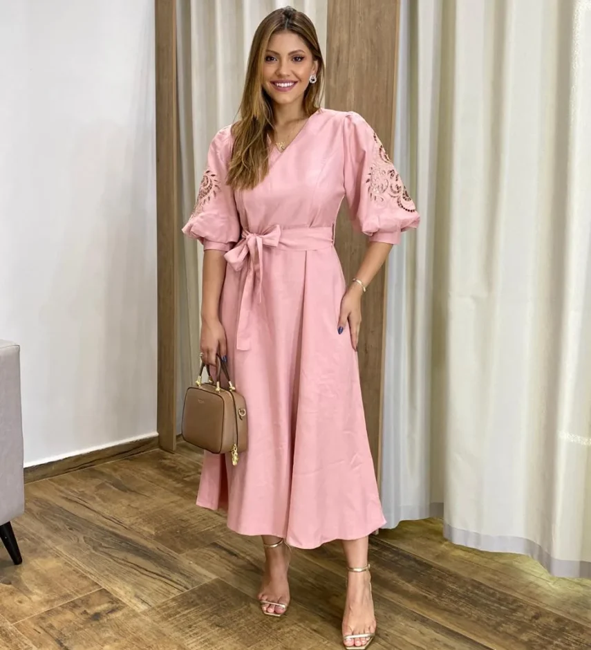 Vestido Midi sem Bojo Mangas 3/4 com Detalhe Vazado Rose - Fernanda Ramos Store