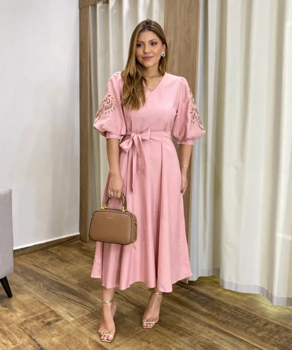 Vestido Midi sem Bojo Mangas 3/4 com Detalhe Vazado Rose - Fernanda Ramos Store