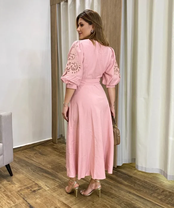 Vestido Midi sem Bojo Mangas 3/4 com Detalhe Vazado Rose - Fernanda Ramos Store