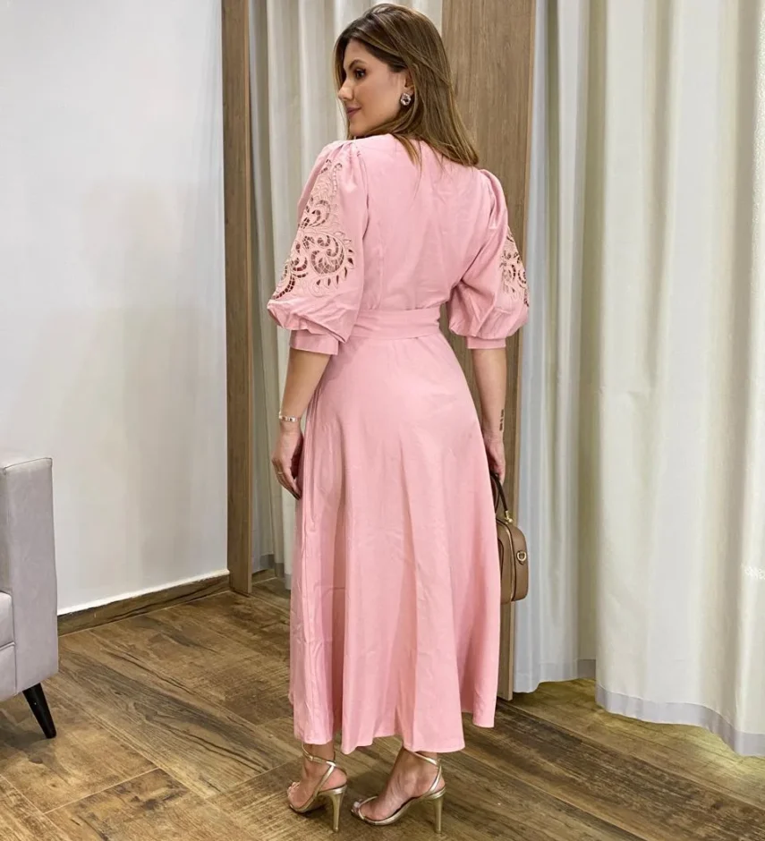 Vestido Midi sem Bojo Mangas 3/4 com Detalhe Vazado Rose - Fernanda Ramos Store