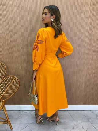 Vestido Midi sem Bojo Mangas com Detalhe Vazado Laranja - Fernanda Ramos Store