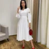 Vestido Midi sem Bojo Mangas com Detalhe Vazado Off White - Fernanda Ramos Store