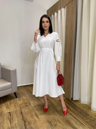 Vestido Midi sem Bojo Mangas com Detalhe Vazado Off White - Fernanda Ramos Store