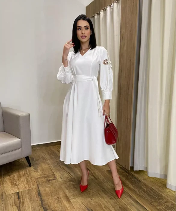 Vestido Midi sem Bojo Mangas com Detalhe Vazado Off White - Fernanda Ramos Store