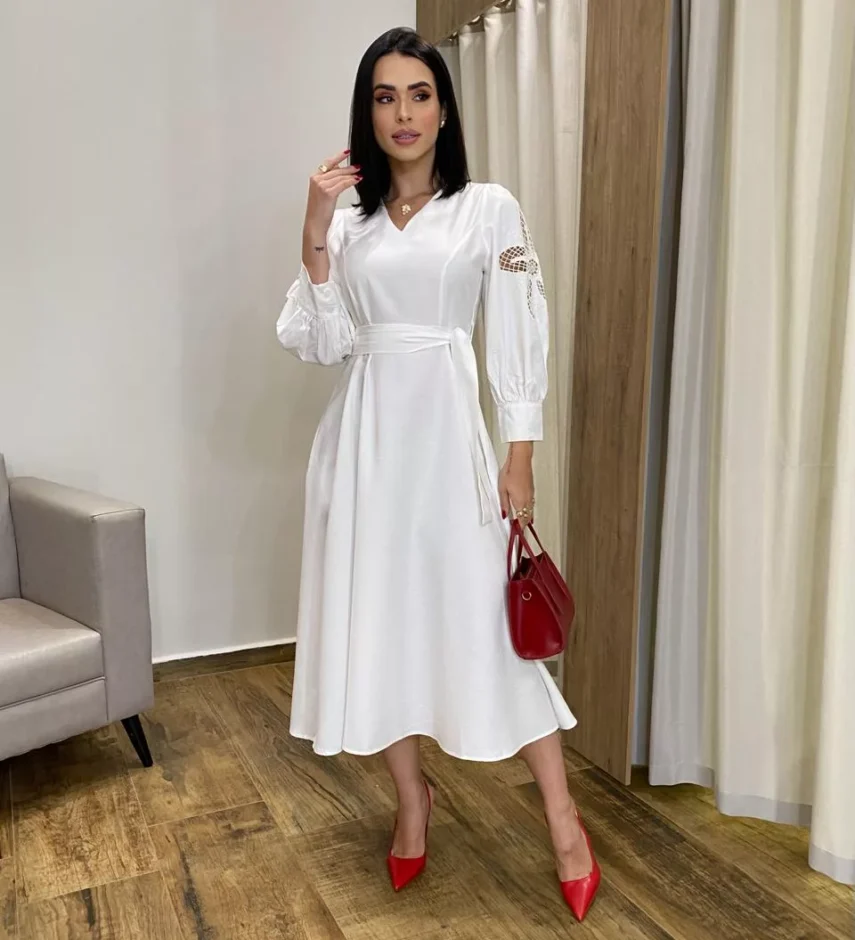 Vestido Midi sem Bojo Mangas com Detalhe Vazado Off White - Fernanda Ramos Store
