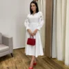 Vestido Midi sem Bojo Mangas com Detalhe Vazado Off White - Fernanda Ramos Store