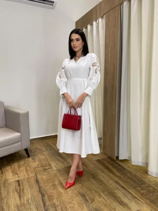 Vestido Midi sem Bojo Mangas com Detalhe Vazado Off White - Fernanda Ramos Store