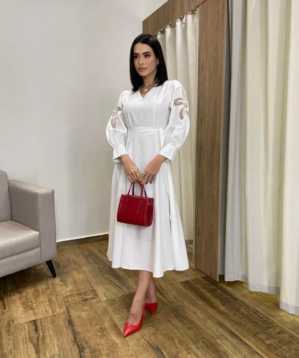 Vestido Midi sem Bojo Mangas com Detalhe Vazado Off White - Fernanda Ramos Store