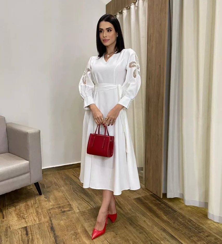 Vestido Midi sem Bojo Mangas com Detalhe Vazado Off White - Fernanda Ramos Store