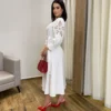 Vestido Midi sem Bojo Mangas com Detalhe Vazado Off White - Fernanda Ramos Store