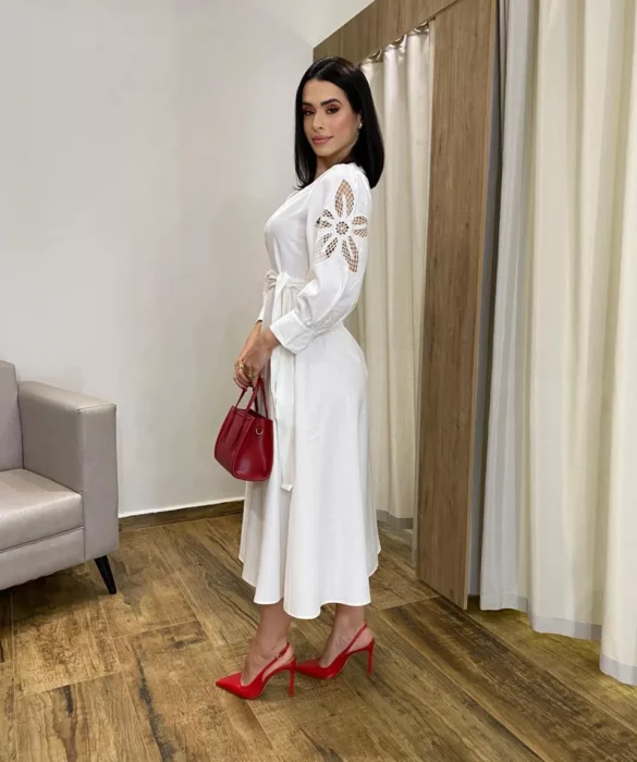 Vestido Midi sem Bojo Mangas com Detalhe Vazado Off White - Fernanda Ramos Store