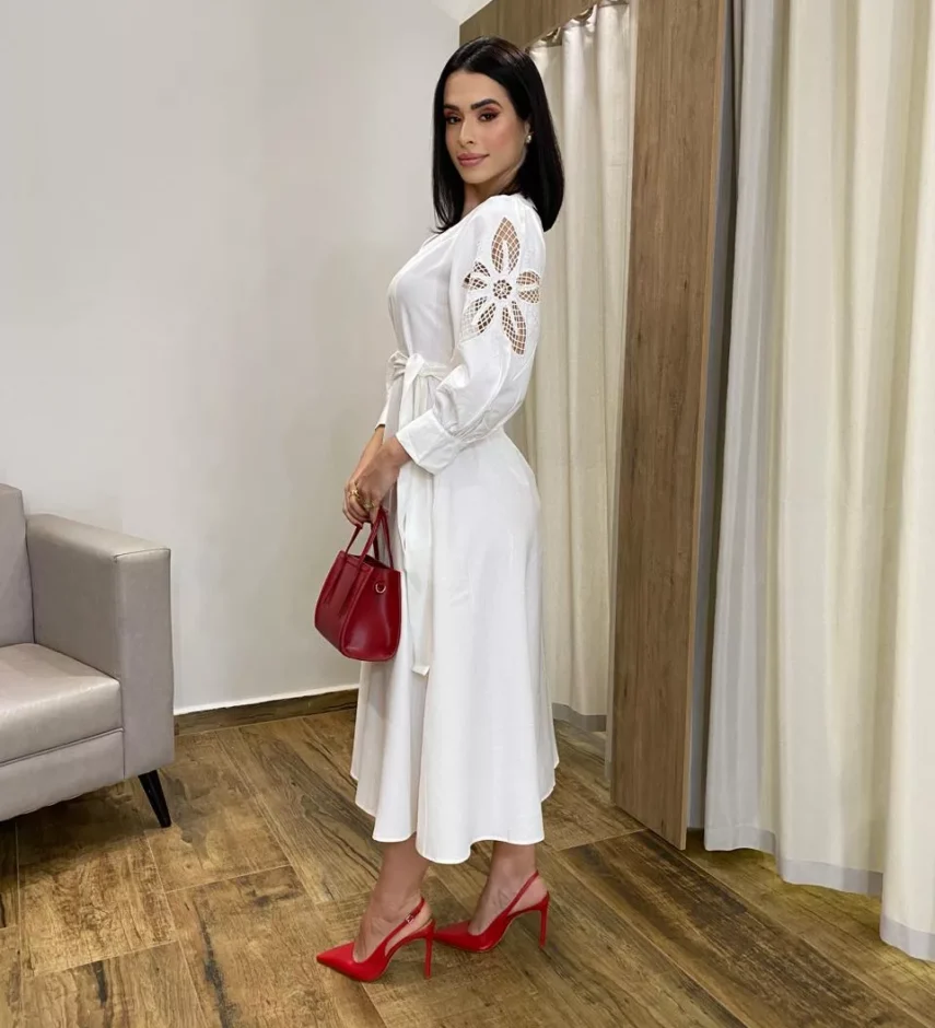 Vestido Midi sem Bojo Mangas com Detalhe Vazado Off White - Fernanda Ramos Store