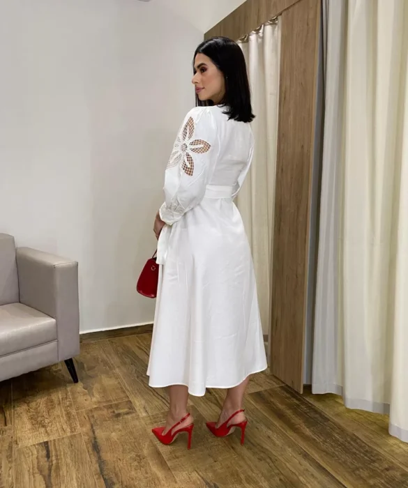 Vestido Midi sem Bojo Mangas com Detalhe Vazado Off White - Fernanda Ramos Store