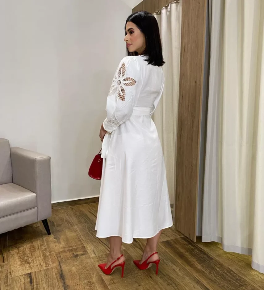 Vestido Midi sem Bojo Mangas com Detalhe Vazado Off White - Fernanda Ramos Store