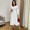 Vestido Midi sem Bojo Mangas com Detalhe Vazado Off White - Fernanda Ramos Store