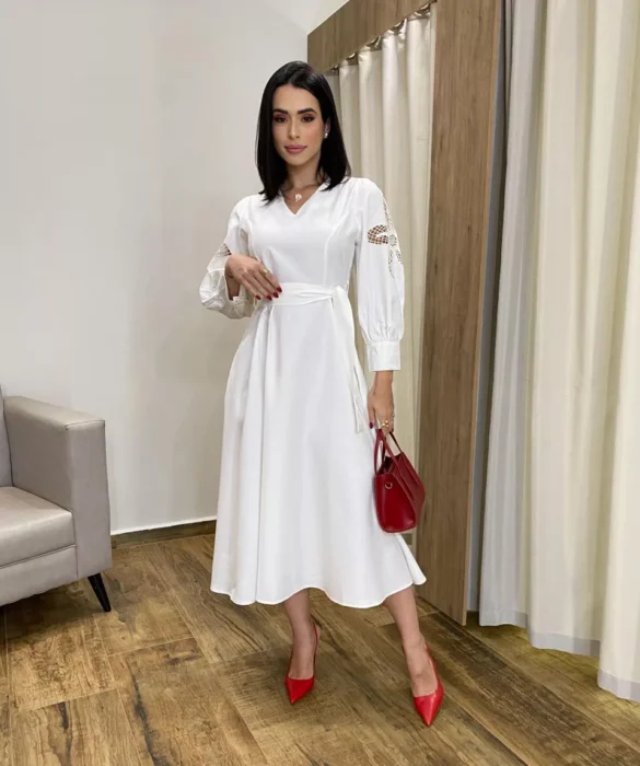 Vestido Midi sem Bojo Mangas com Detalhe Vazado Off White - Fernanda Ramos Store