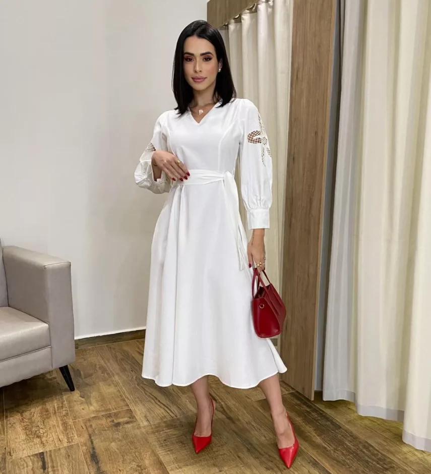 Vestido Midi sem Bojo Mangas com Detalhe Vazado Off White - Fernanda Ramos Store