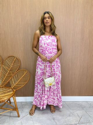 Vestido Midi sem Bojo Shopia Viscolinho Estampado Fúcsia - Fernanda Ramos Store