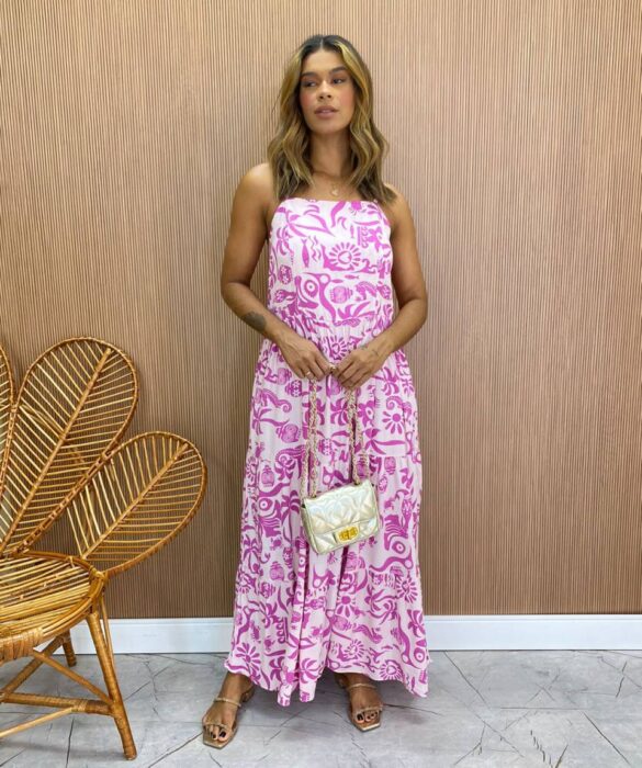 Vestido Midi sem Bojo Shopia Viscolinho Estampado Fúcsia - Fernanda Ramos Store