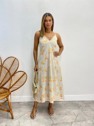 Vestido Midi sem Bojo Viscolinho Cru com Bordado Laranja - Fernanda Ramos Store