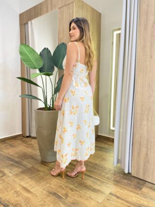 Vestido Midi sem Bojo Viscolinho Cru com Bordado Laranja - Fernanda Ramos Store