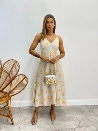 Vestido Midi sem Bojo Viscolinho Cru com Bordado Laranja - Fernanda Ramos Store