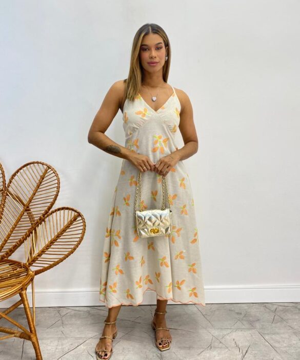 Vestido Midi sem Bojo Viscolinho Cru com Bordado Laranja - Fernanda Ramos Store