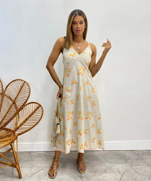 Vestido Midi sem Bojo Viscolinho Cru com Bordado Laranja - Fernanda Ramos Store