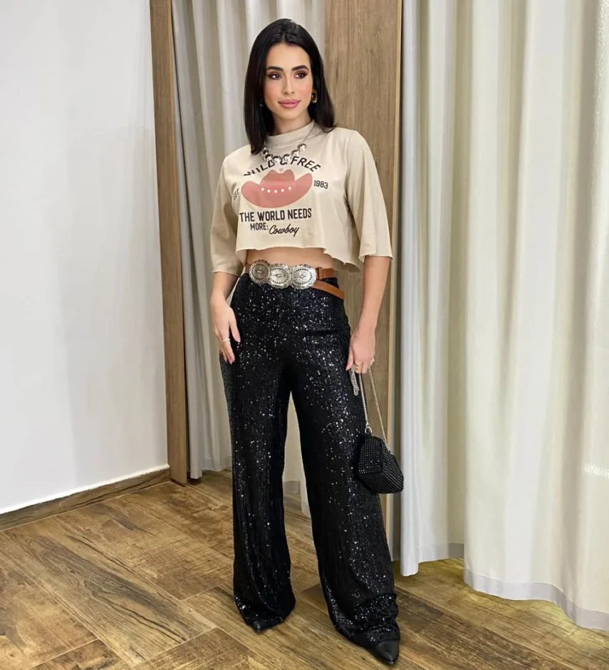 Calça Feminina Pantalona de Paetê Preta - Fernanda Ramos Store